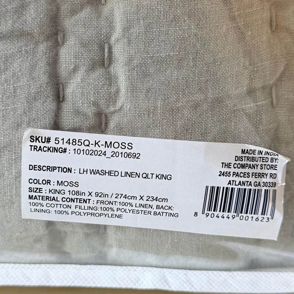 Company Store Legends Hotel Washed Linen Plush Quilt Comforter- Moss Green, King
